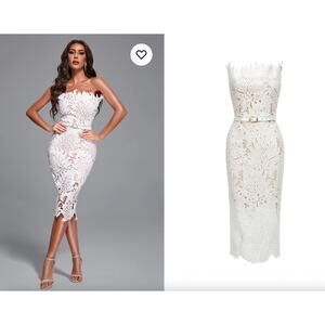 Bella Barnett White Lace Midi Bandage Dress Stripe Strapless Size Medium M NEW